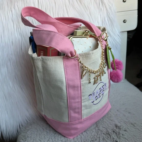 2026 Limited Edition Trader Joe’s Mini Pink Canvas Tote ‘VINTAGE’ & Cherry Charm - Picture 9 of 11